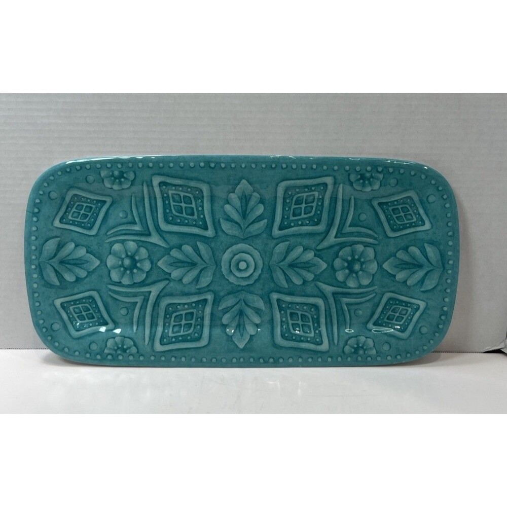Tahari Teal Green Floral Medallion Serving Platter Tray Melamine Outdoor Indoor